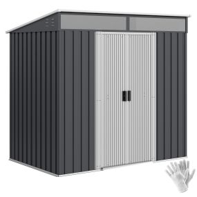 Caseta de jardín exterior metálica 2 m² 195x122x181,5 cm gris oscuro sin suelo con 2 puertas correderas, ventanas y ganchos para herramientas
