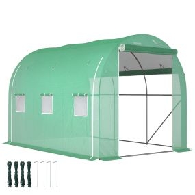 Invernadero túnel 296x196x200 cm con 3 puertas enrollables, 6 ventanas, PE 140g/m², acero galvanizado, verde