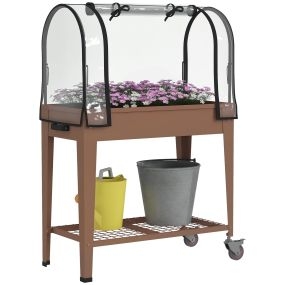 Huerto urbano elevado con ruedas y cubierta PVC, 80x40x120 cm, marrón