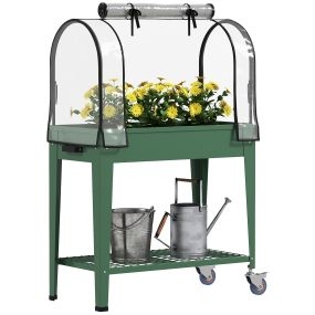 Huerto urbano elevado con ruedas, cubierta PVC, estante inferior, 80x40x120 cm, verde