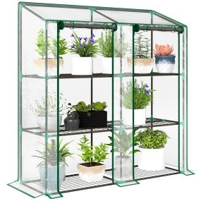 Invernadero de jardín de 3 niveles con estantes, techo inclinado y 2 puertas, 143x46x141/151 cm, transparente