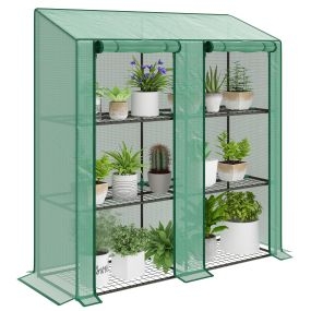 Invernadero de jardín de 3 niveles con estantes, techo inclinado y 2 puertas, 143x46x141/151 cm, verde
