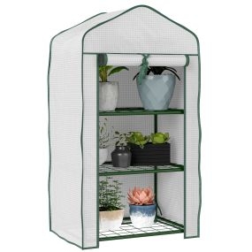 Invernadero de jardín de 3 niveles con 3 estantes, puerta con cremallera, acero y PE, 59x39x127 cm, blanco