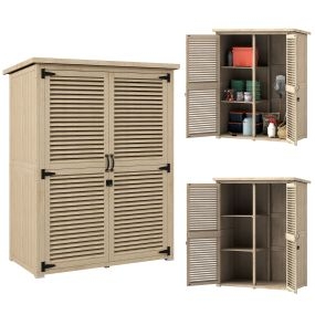 Caseta de jardín de madera natural 127x65x168 cm con 2 puertas y 2 estantes para exterior