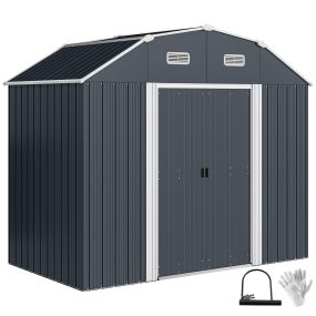 Cobertizo de jardín exterior metálico 2,7 m² 238x132x198,5 cm gris oscuro con cerradura, base, estantes ajustables, 2 puertas corredizas y 2 ventanas
