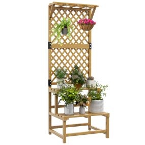 Soporte para plantas de madera de 2 niveles con enrejado 60x50x166 cm natural