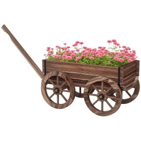 Jardinera de madera exterior en forma de carrito con 4 ruedas y mango 120x41x54 cm carbonizado