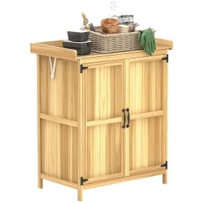 Armario de exterior de madera con techo abatible de acero inoxidable, 2 puertas, 74x43x88 cm, natural