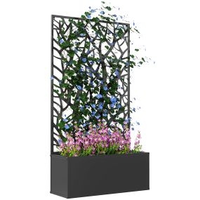 Jardinera exterior grande de metal con pantalla de privacidad de hojas 61x23x113 cm negro