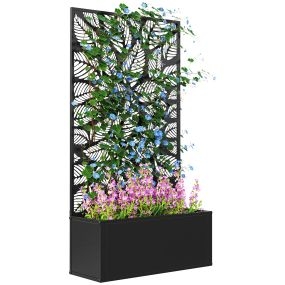 Jardinera exterior grande de metal con pantalla de privacidad de hojas 61x23x113 cm negro