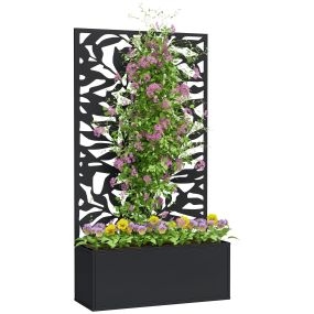 Jardinera exterior grande de metal con pantalla de privacidad de hojas, 61x23x113 cm, negro