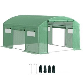 Invernadero de túnel 4x3x2 m con 6 ventanas, cubierta PE anti-UV y 3 puertas enrollables verde