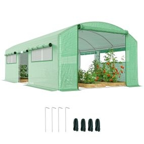 Invernadero de túnel 6x3x2 m con 3 puertas, malla, cubierta PE anti-UV y acero galvanizado verde