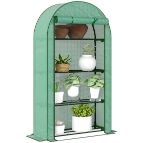 Invernadero exterior pequeño de 4 niveles con 4 estantes, puerta enrollable, PE 140g/m², acero, 105x45x160 cm, verde