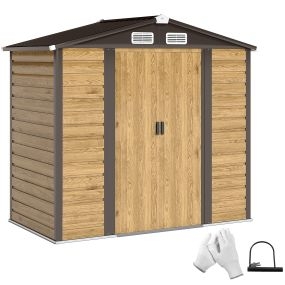 Caseta de Jardín Exterior 2,36m² 213x120x194 cm Cobertizo de Jardín Exterior con Base Refuerzo (Suelo NO Incluido) Puertas Correderas Dobles Candado Ventanas Roble