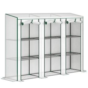Invernadero de exterior de 3 niveles con 9 estantes, puerta enrollable, acero, PE anti-UV, 215x46x151 cm, blanco