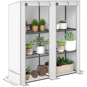 Invernadero de exterior con techo inclinado, 3 estantes, 2 puertas enrollables, PE, acero, blanco, 144x48x152 cm