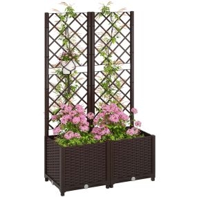 Jardinera exterior grande de PP con enrejado, drenaje y reservorio de agua, 80x40x135 cm, marrón