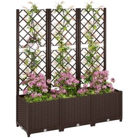 Jardinera exterior grande de PP con enrejado, drenaje y reservorios de agua, 120x40x135 cm, marrón