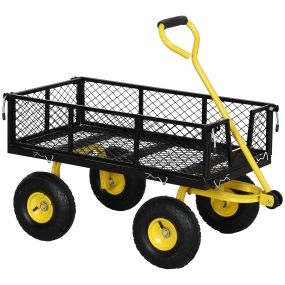 Carro de jardín basculante 200 kg con paneles laterales desmontables, mango giratorio y 4 ruedas neumáticas negras y amarillas