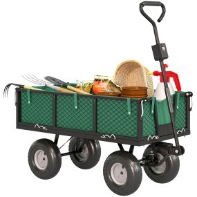 Carrito de jardín con ruedas grandes, carga 300 kg, asa ajustable y bolsa impermeable, verde