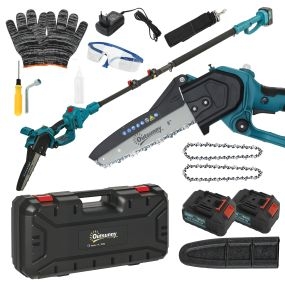 Mini Motosierra Bateria 6000mAh 8 Pulgadas Motosierra Eléctrica con 580W Motor sin Escobillas 2 Baterías Palo Telescópico y Doble Bloqueo para Podar Árboles de Jardinería y Madera