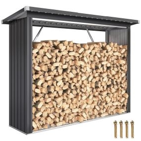 Caseta para leña de acero galvanizado gris oscuro 213x66,5x150 cm con base elevada y techo inclinado