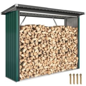 Caseta para leña de acero galvanizado, cobertizo exterior, base elevada, techo inclinado, 213x66,5x150 cm, verde