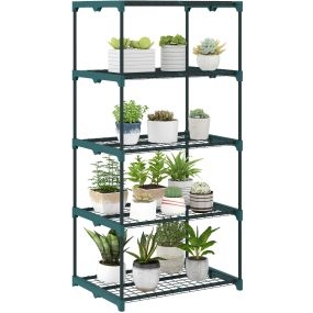 Soporte para plantas de 5 niveles de acero, estantes de rejilla, 67x49x138 cm, verde oscuro