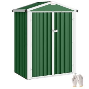 Caseta de jardín exterior metálica 133x87x178 cm verde con puertas correderas y techo inclinado