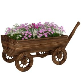 Carrito de madera decorativa con 4 ruedas y mango, jardinera exterior móvil, 115x40x54,5 cm, carbonizado