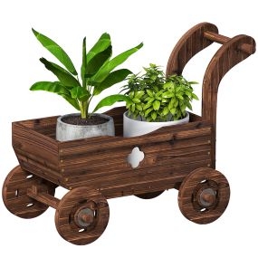 Carretilla de madera decorativa carbonizada 68x38x52 cm con 4 ruedas y asa