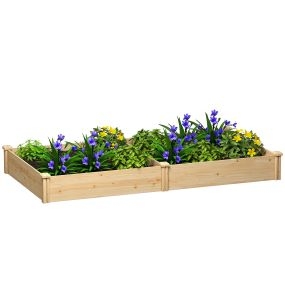 Jardinera elevada de madera natural 235x121x26 cm con divisor y base abierta para jardín y terraza