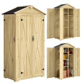 Caseta de jardín de madera natural 93x53x168 cm con 4 estantes y puertas bloqueables