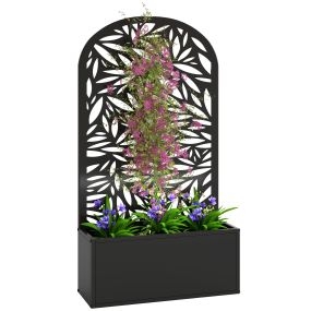 Jardinera exterior grande de metal con pantalla de privacidad curva, 61x23x113 cm, negro