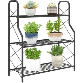 Soporte para plantas de 3 niveles de metal con patas ajustables y asas, negro