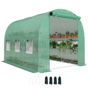 Invernadero de exterior 2,8x2x1,9 m con estantes, puerta enrollable y 6 ventanas, verde