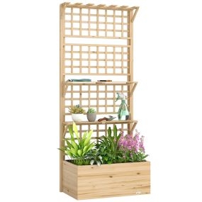 Jardinera exterior grande de madera con enrejado, techo, 2 estantes, drenaje y forro, 76x43,5x177 cm, natural