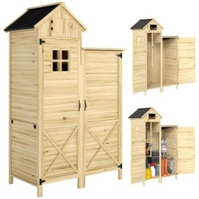 Caseta de jardín de madera 106x57x167 cm natural con doble zona, puertas, estantes y techo impermeable