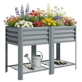 Huerto urbano elevado de metal galvanizado con estante inferior, forro y guantes, 120x55x80 cm, gris plateado