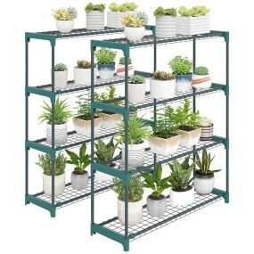 Juego de 2 soportes para plantas de 4 niveles de acero verde para interior y exterior