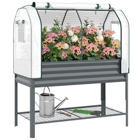 Huerto urbano elevado de metal galvanizado con cubierta invernadero, 120x55x140 cm, gris oscuro