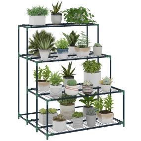 Soporte para plantas de 4 niveles de acero verde oscuro 94x84x110 cm para interior y exterior