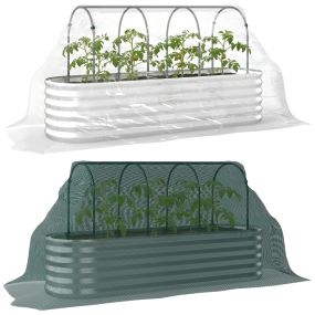 Jardinera exterior grande de acero galvanizado con cubierta de invernadero y malla, 200x60x103 cm, plateada