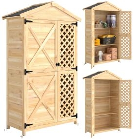 Armario de exterior de madera natural con techo de asfalto, 2 puertas ventiladas y 2 estantes extraíbles