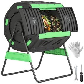 Compostador giratorio 200L de doble cámara sin BPA verde con ventilación y patas de metal
