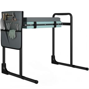 Taburete de jardín plegable con almohadilla EVA, bolsa herramientas, patas extensibles, 150 kg, gris oscuro