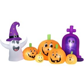 Calabaza inflable de Halloween con fantasma y lápida 240x130x130 cm multicolor con luces LED IP44 e inflador