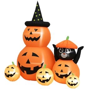 Calabaza inflable de Halloween con gato 6 pies, luces LED, IP44, 160x100x180 cm, naranja