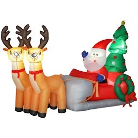 Papá Noel hinchable con trineo, renos y árbol, luces LED, 216x90x150 cm